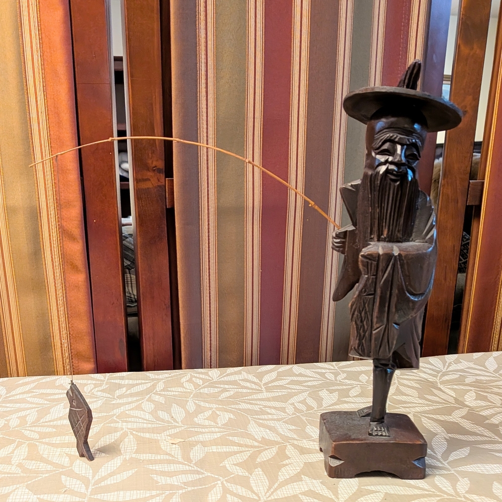 Vintage Rustic Brown Fisherman Art Sculpture 12 Inches High, Very Light